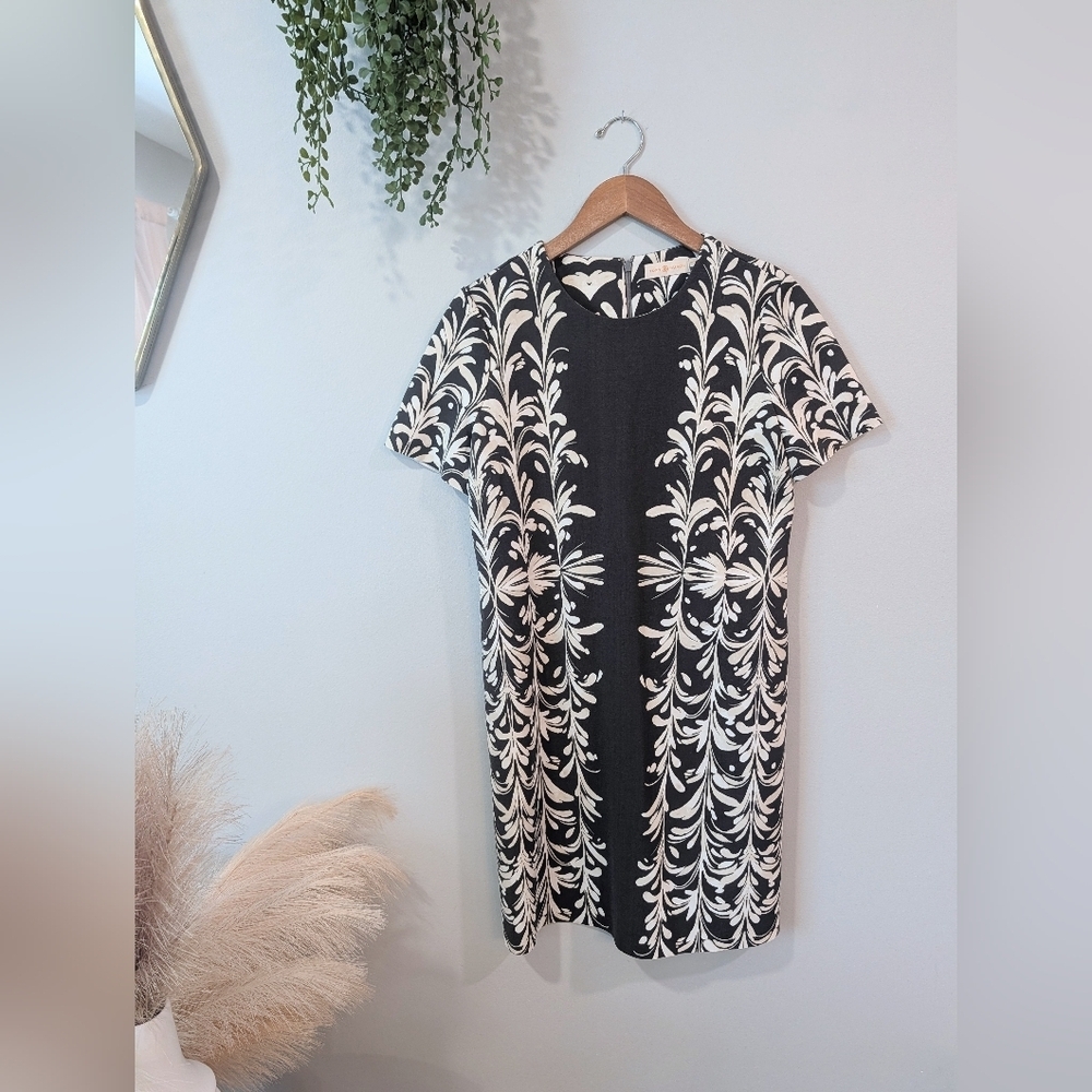 Tory Burch Black and Cream Floral Pattern Shift Dress Size M